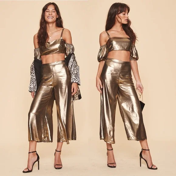 NO OFFERS LPA metallic gold Lurex Pant 664 wide leg crop pants S - Picture 1 of 13